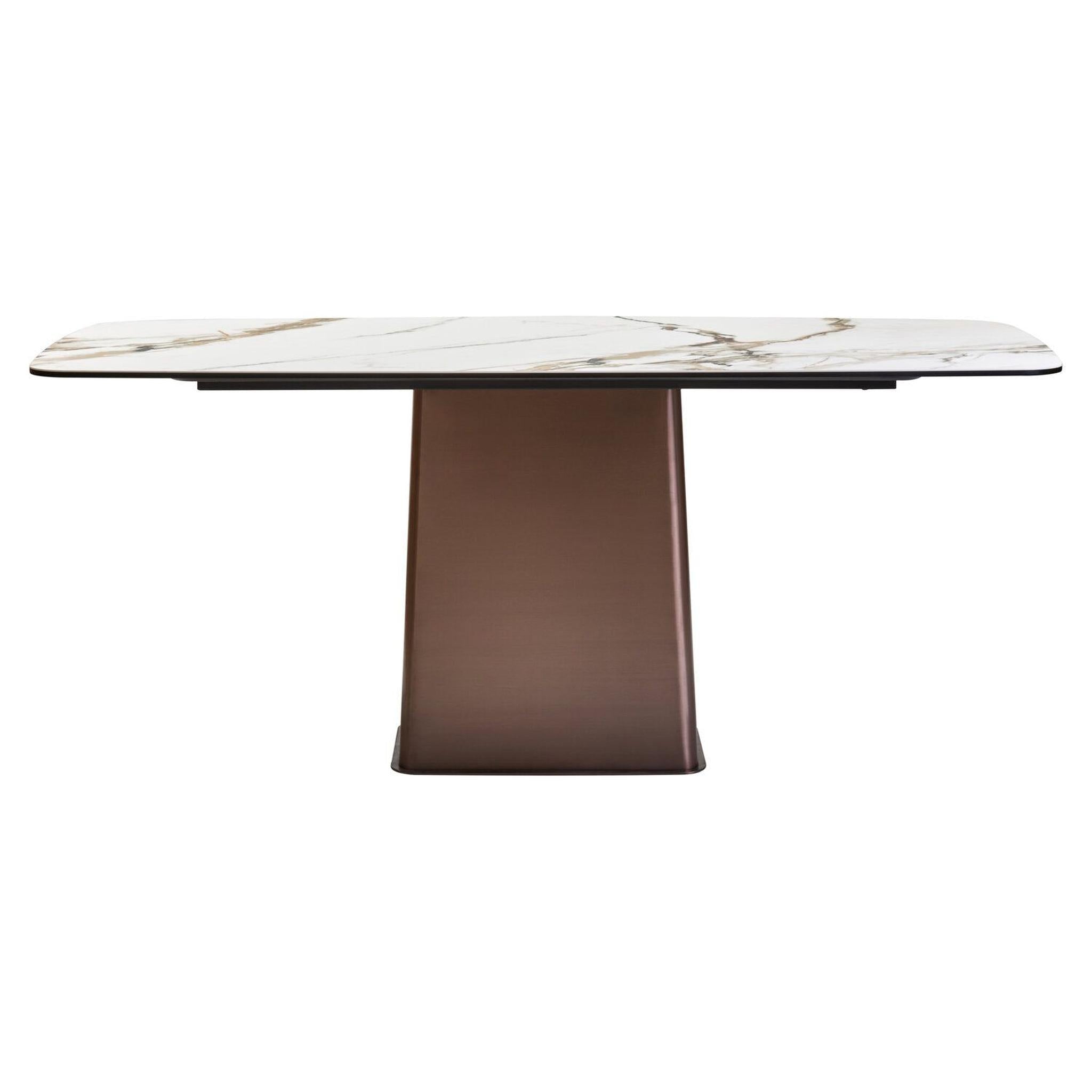 Caldera white ceramic marble effect dining table with bronze base