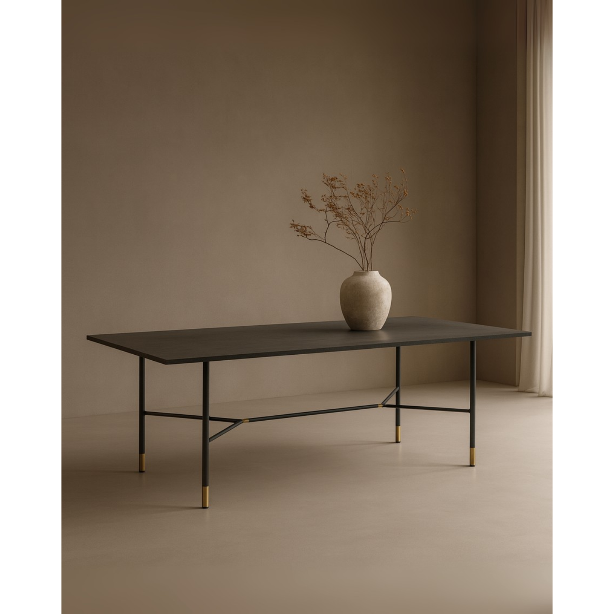 Bramwell black oak dining table with brass leg detail 180cm