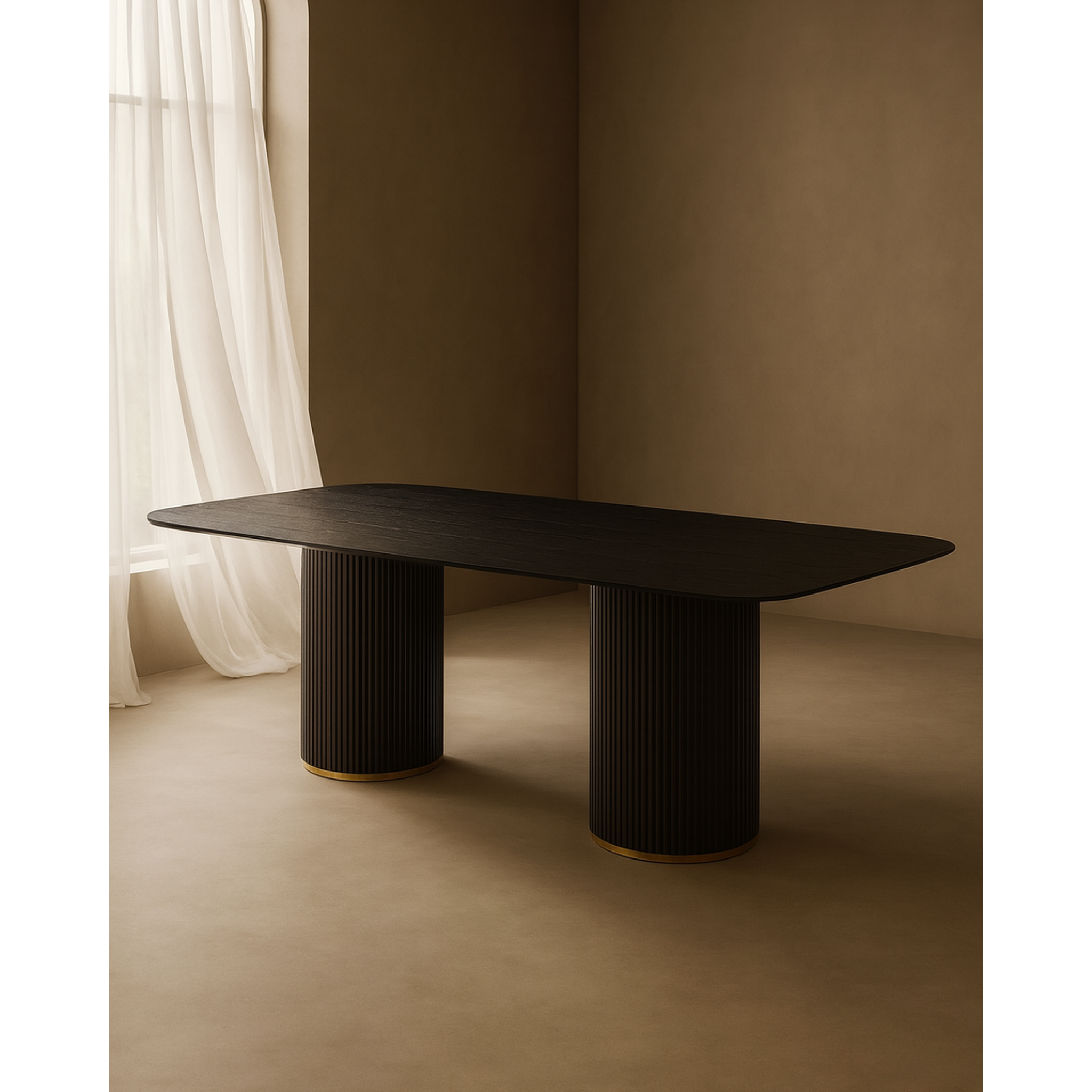 Norwick black oak rounded dining table with twin pedestal base 240cm