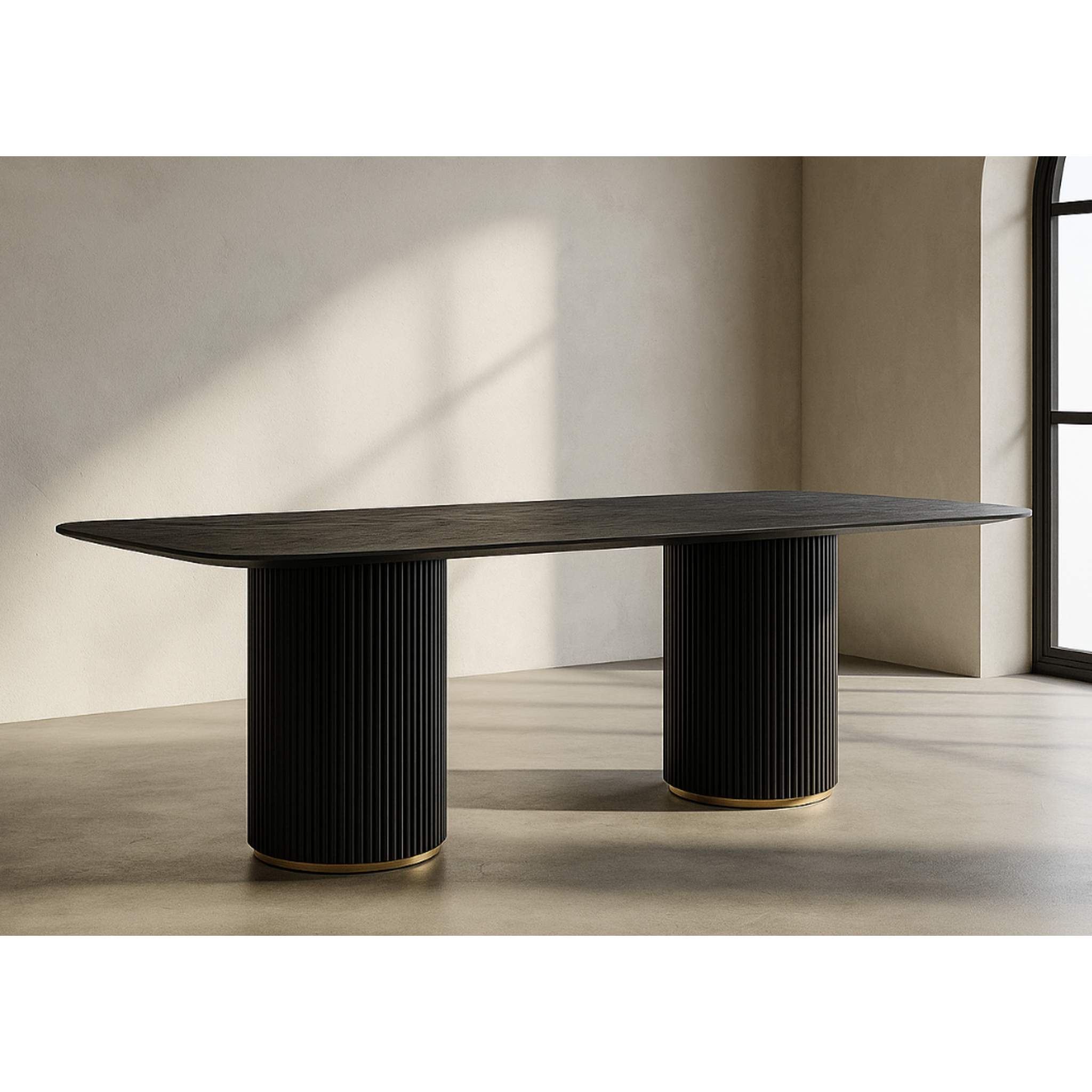 Norwick black oak rounded dining table with twin pedestal base 240cm