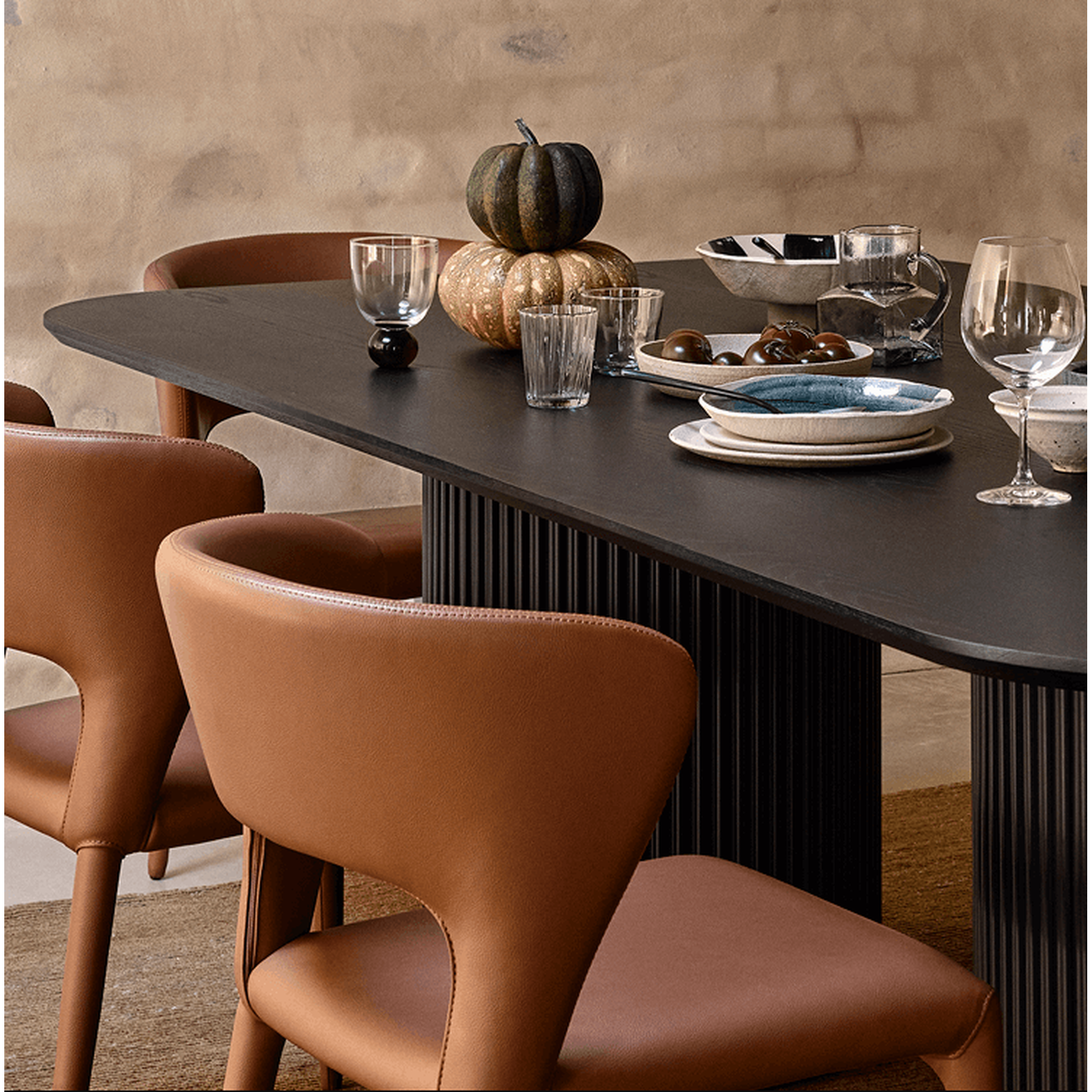 Norwick black oak rounded dining table with twin pedestal base 240cm