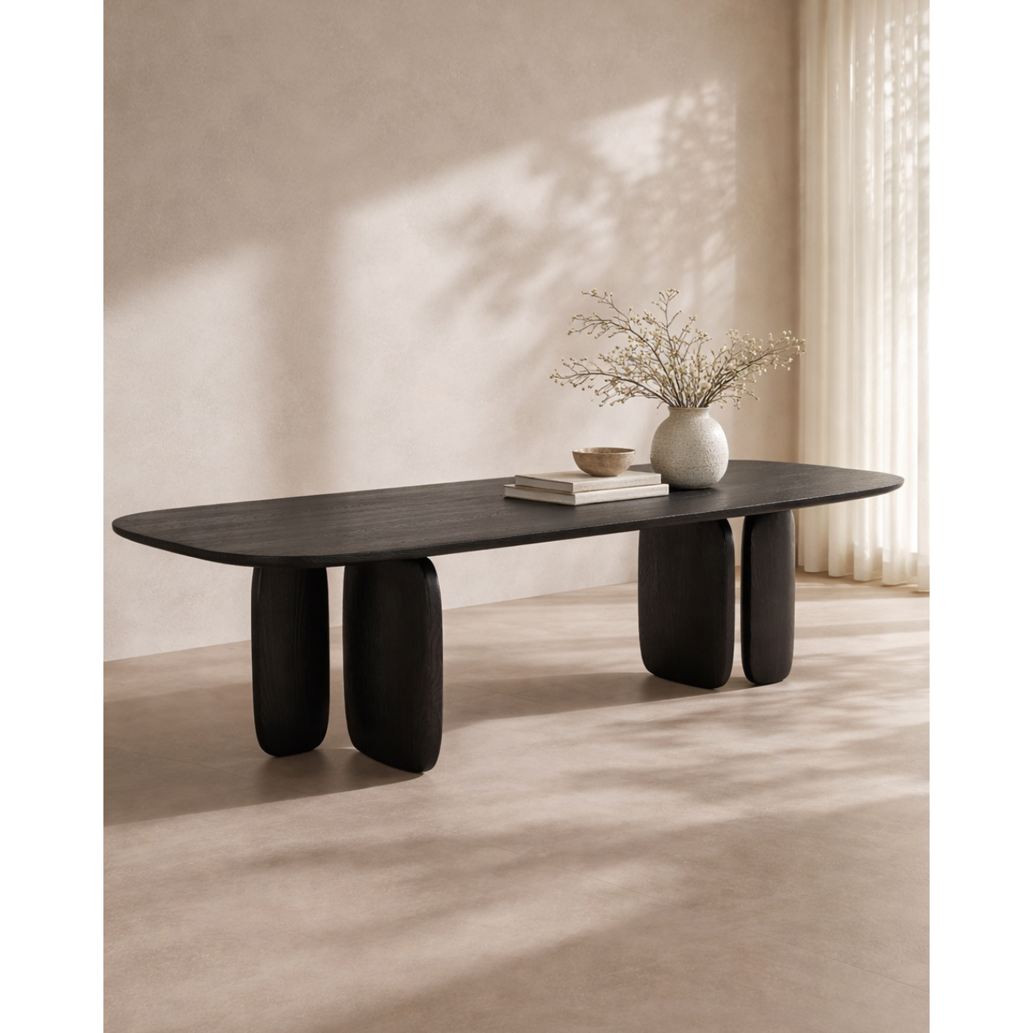 Rivenhall black oak large sculptural dining table 280cm